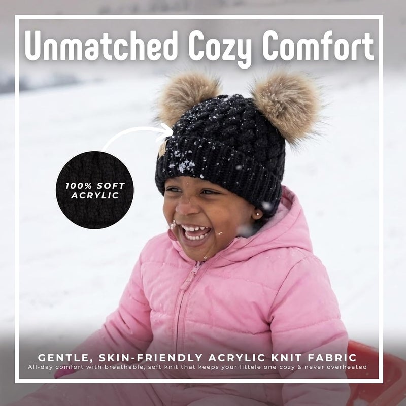 Funky Junque Toddler Double Pom Pom Beanie – Warm Knit Winter Hat for Girls Ages 1–6, Soft Kids Poms Beanies for Cold Weather - Image 3